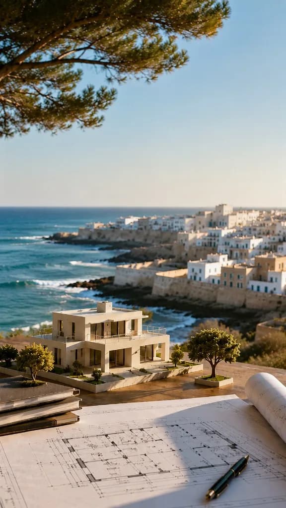 Modèle architectural et plans devant la médina d'Essaouira